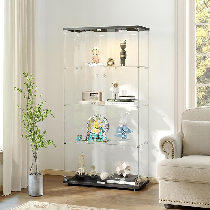 Tempered Glass Display Cabinet with Lights, 4-Tier Curio Cabinet with Glass Doors and Lock, Glass Display Case for Collectibles, for Living Room, Bedroom, Office, Black, Double Door