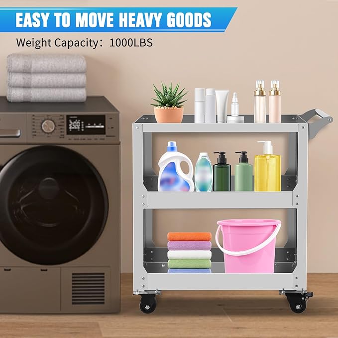 3-Tier Stainless Steel Utility Cart, 1000lbs Capacity with 360° Locking Casters, Heavy-Duty Rolling Cart for Garage, Workshop, Warehouse & Kitchen - Silver