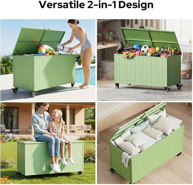 Outdoor Storage Box with Wheels 150 Gallon, Metal Deck Boxes Outdoor Waterproof, Patio Storage Box for Home/Backyard/Pool Chemicals/Toys/Garden Tools/Porch/Patio Cushions (Green)
