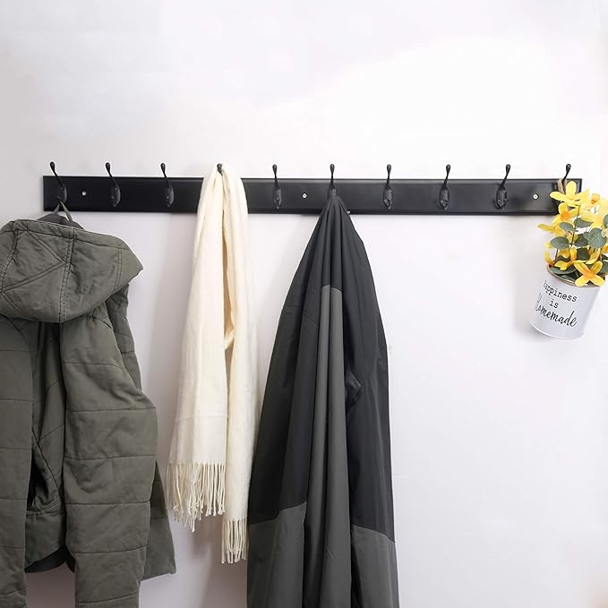 Dseap Coat Rack Wall Mounted: 10-Hooks, 16" Hole to Hole, 38-1/4" Long, Wood Coat Hooks Wall Mounted, Hook Rack, Hook Rail, Hooks for Hanging Coats, Black