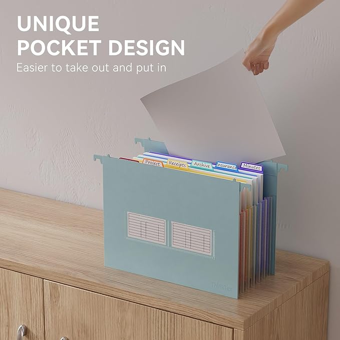 ThinkTex Plastic Expanding Hanging File Folders, 7 Innovative 1.2" Accordion Pockets, Large Capacity, Multi-Color Tabs, Letter Size for Filing Cabinet - Blue