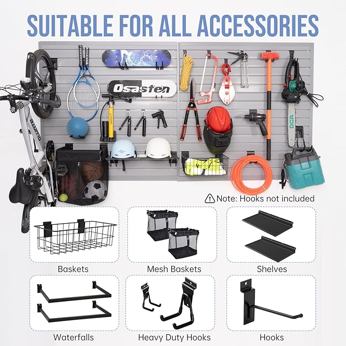 Slatwall Panels Garage Slat Wall Storage Systems 4'x 8', Slat Wall Paneling Garage Wall Organizer, Grey Slat Board PVC Wall Panels Slatwall Displays Garage Tool Organizer Wall Mount Ladder Bike Rack