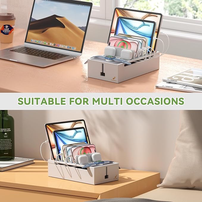 Pezin & Hulin Bamboo Charging Dock Station for Electronic Devices, Docking Organizer for Phone and Tablets, Smart Watch, Earbuds, Power Strip Box (Included 5-Port USB Charger and 5 Cables) -White