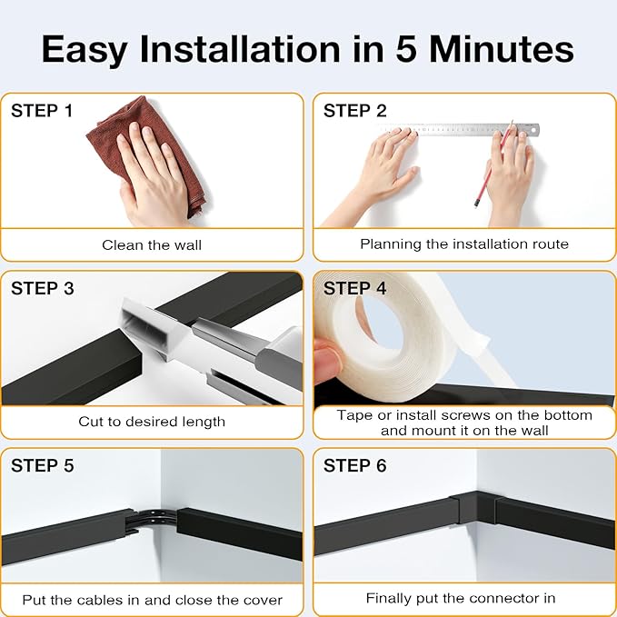 Delamu 157in Cord Covers for Wires on Wall, Cord Hider for 1 Cord, Paintable Cable Hider, Cable Management Wire Covers for Cords,W0.55 H0.4in, Black