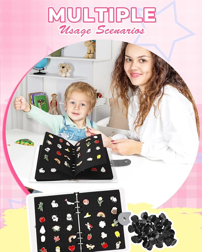 UCEC 8-Page Enamel Pin Display Book & 50 PCS Pin Backs, A5 Binder for Pins Brooches and Badges, Black Button Pinfolio Trading Organizer with Clear PVC Cover, Portable Enamel Pin Collection Storage