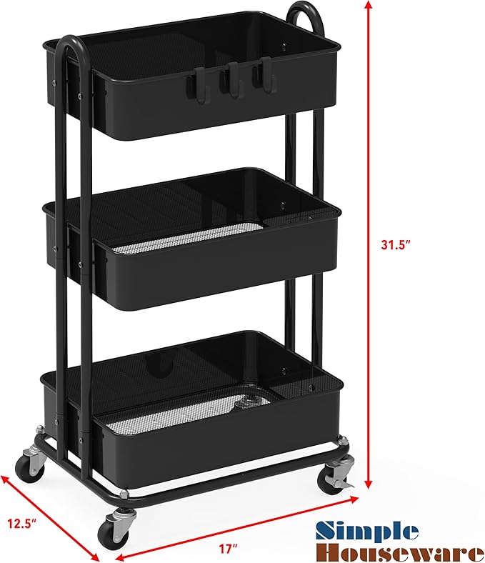 Simple Houseware 3-Tier Heavy Duty Metal Utility Rolling Cart, Black