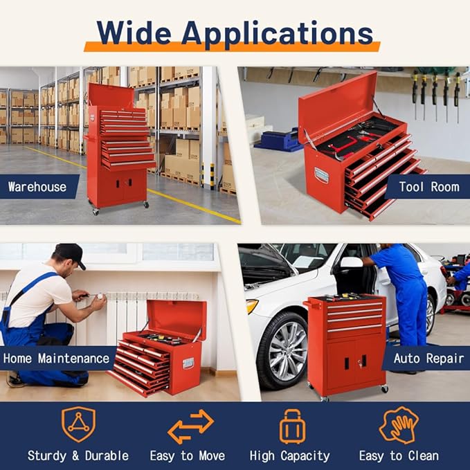 13-Drawer Double Door Rolling Tool Chest, 2 in 1 Detachable Tool Chest,Tool Box with Drawers and Wheels, Large Tool Cabinet with Lock, Metal Standing Toolbox for Garage Workshop-Red