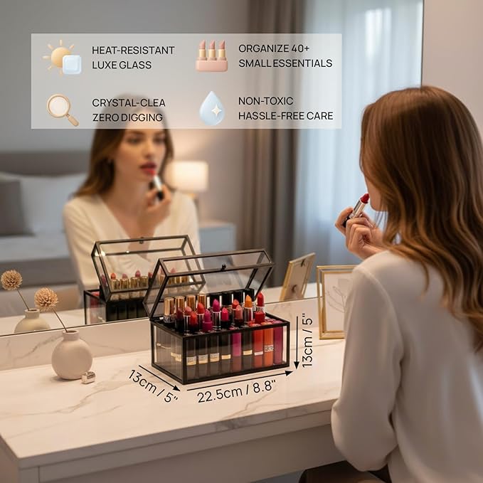 40 Lipsticks Organizer with Lid, Glass Display Box Fits Large Perfume & Skincare, Easy-Access Organiser for Vanity Countertop, Multifunctional Display Box in Any Rooms