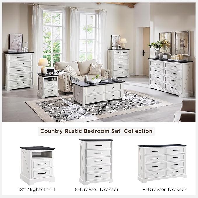 ACCOHOHO 18" Farmhouse Nightstand Set of 2 with Charging Station,End Table with 2 Drawers Storage,Side Table,Bedside Cabinet for Bedroom,Living Room, Withe