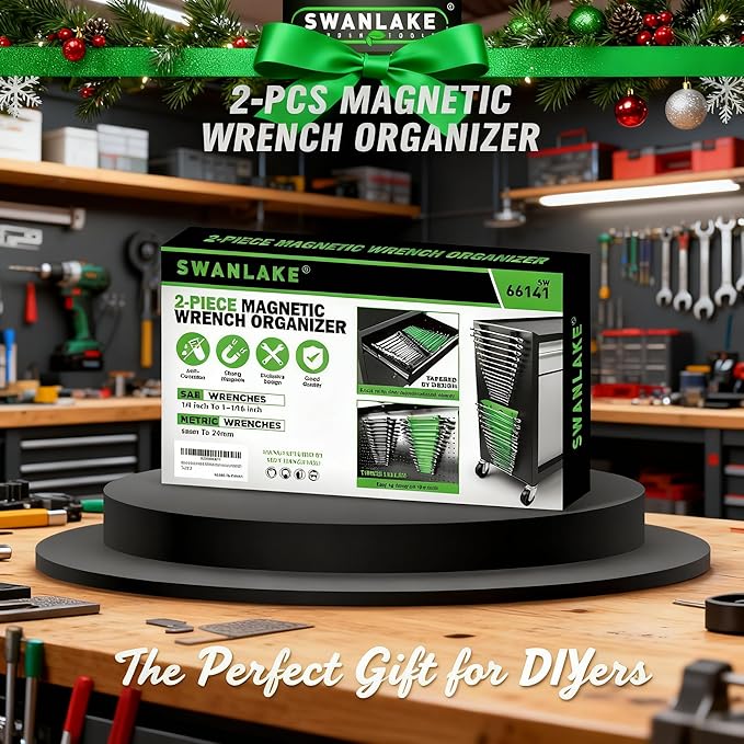 SWANLAKE GARDEN TOOLS Magnetic Wrench Organizer 2-Piece, 32-Slot Drawer Storage, SAE (1/4" to 1-1/16"), Metric (6mm to 24mm), Green and Black