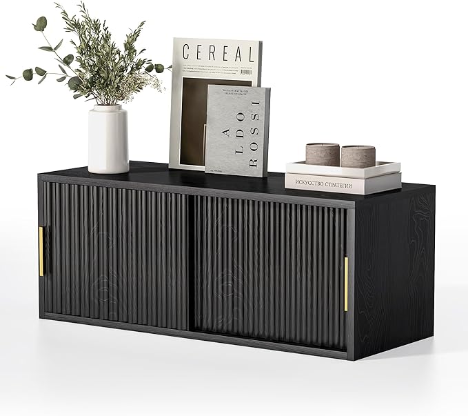 Floating Nightstand with Sliding Doors, Modern Large Night Stand Storage Shelf Wall Mounted Bedside Tables for Bedroom, Study Room Black