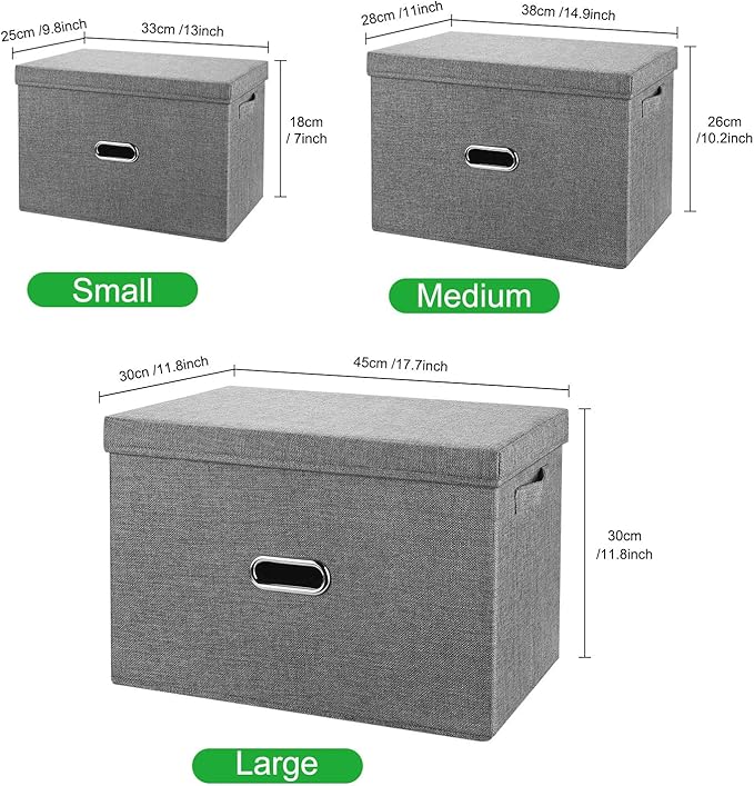 Linen Fabric Collapsible Storage Bins with Removable Lids and Handles, Washable Storage Box Containers Baskets Cube with Cover for Bedroom,Closet,Office,Living Room,Nursery (Grey, Small)