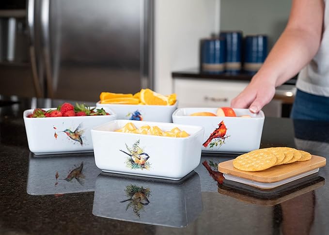 Nat & Jules Dean Crouser Ceramic Stoneware 1/2 Pound, 2 Sticks Butter Dish Airtight Bamboo Lid, Kitchen Accessory, Container Holder, Refrigerator Storage, Countertop Organization, Watercolor Chickadee