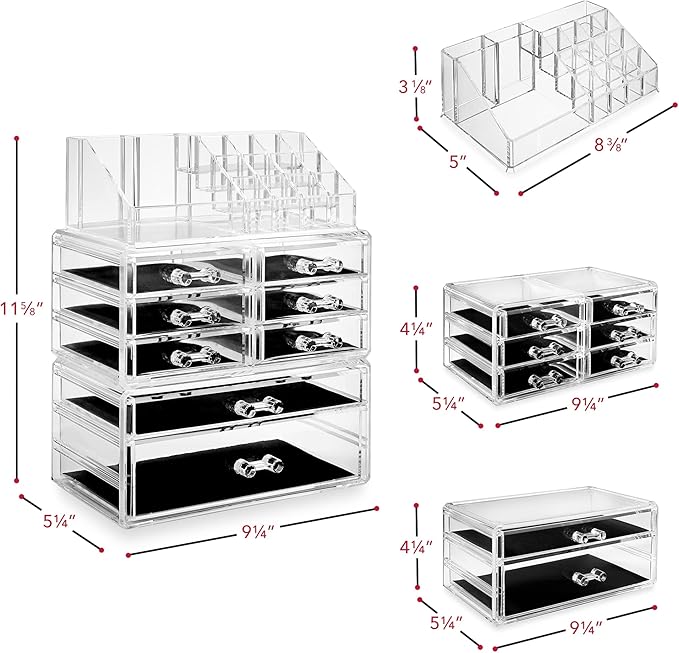 Casafield Acrylic Cosmetic Makeup Organizer & Jewelry Storage Display Case - 3 Piece Drawer Set - Clear