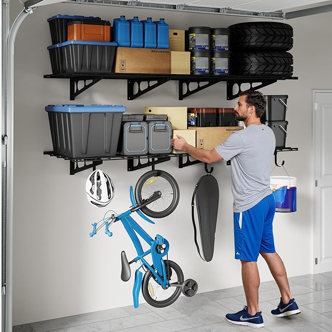 FLEXIMOUNTS 2-Pack 2x6ft Garage Shelving with Hooks, 24-inch-by-72-inch Wall Shelf Garage Storage Racks Floating Shelves, Black, Classic Series