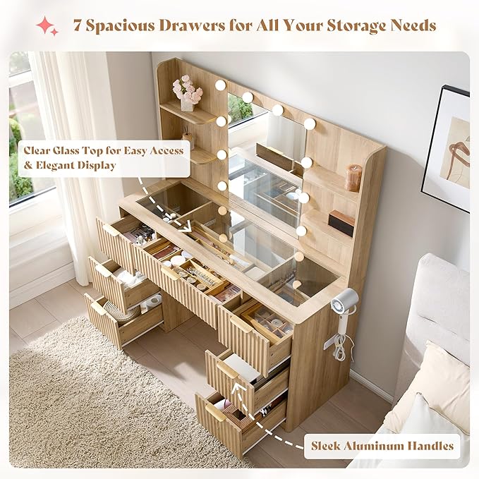 AMERLIFE 47.2" Fluted Vanity Desk with Mirror and Adjustable LED Lights, Large 7 Drawers Makeup Table with Glass Top and Charging Station for Women and Girls, Bedroom or Dorm, Natural Oak