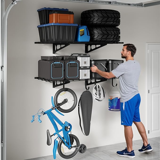 FLEXIMOUNTS 2-Pack 2x4ft Garage Shelving with Hooks, 24-inch-by-48-inch Wall Shelf Garage Storage Racks Floating Shelves, Black, Classic Series