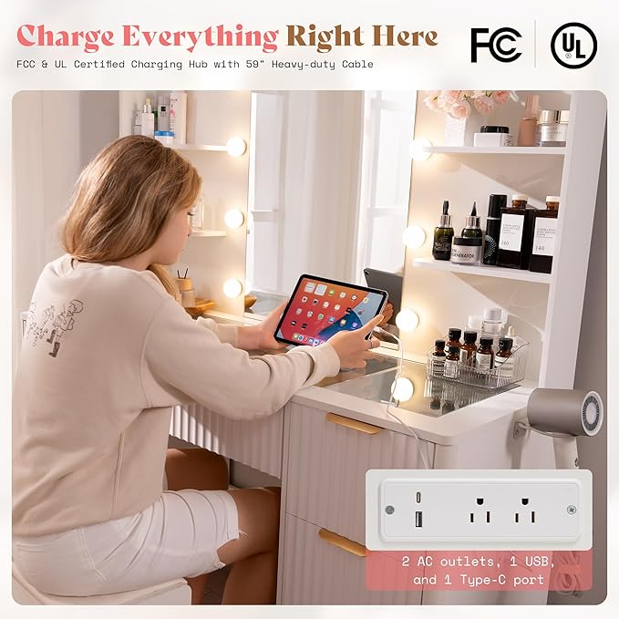 AMERLIFE 47.2" Fluted Vanity Desk with Mirror and Adjustable LED Lights, Large 7 Drawers Makeup Table with Glass Top and Charging Station for Women and Girls, Bedroom or Dorm, White