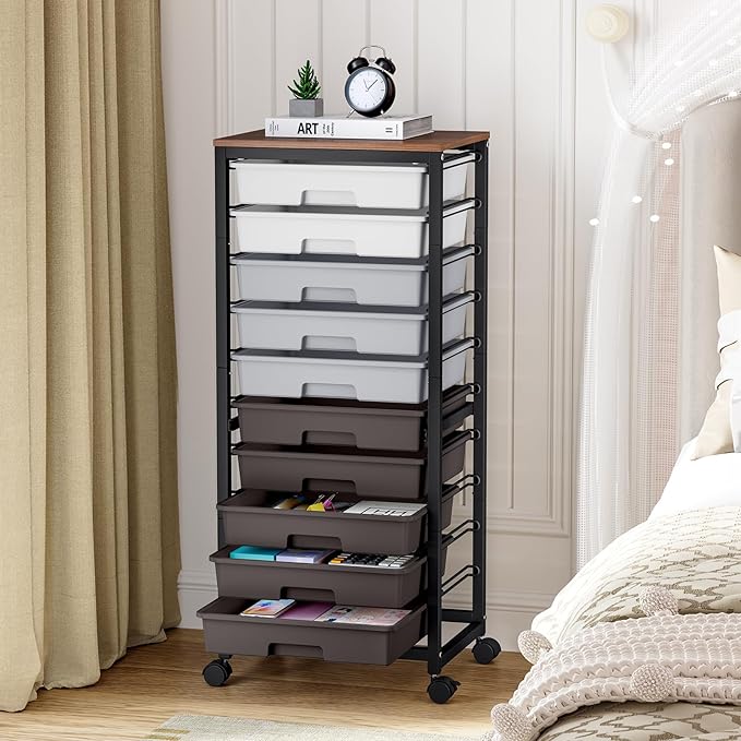 Rolling Cart with Drawers,10 Drawer Rolling Cart,Storage Cart,Utility Cart,Teacher Cart for Classroom Storage,Craft Cart with Wheels and Wooden Tabletop,Grey