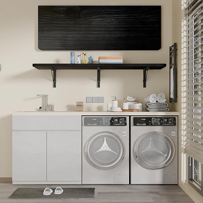 IAE Floating Wall Mounted Folding Table Desk with Pine Wood,60" x 22" Foldable Workbench,Fold Down Wall Mounted Foldable Desk with Shelf Brackets,Laundry Folding Table for Home,Dining,Kitchen,Black