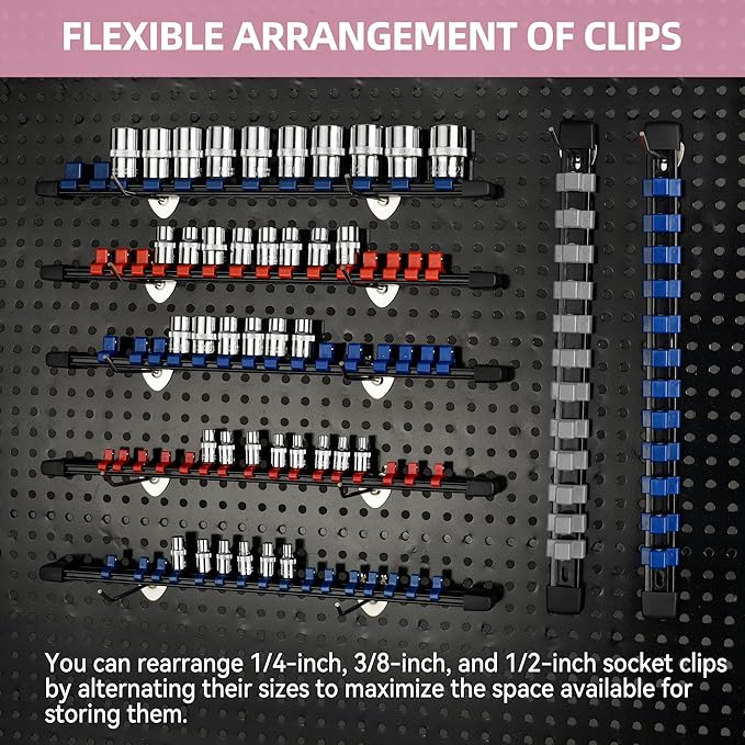 Socket Organizer Drive ABS Tools - Grey Socket Holder, Premium Quality 12 Pieces Socket Holders Kit 1/4-Inch x 64 Clips, 3/8-Inch x 60 Clips, 1/2-Inch x 48 Clips(12PC,Grey)
