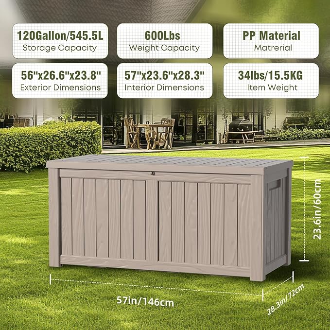120 Gallon Deck Box,Resin Outdoor Storage Box with Lockable for Patio Furniture, Pool Tools, Garden Tools Waterproof Outside Storage Box (Grey)
