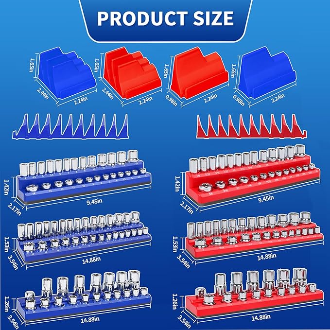 8PS Magnetic Wrench and Socket Organizer Set, Tool Trays 1/4", 3/8", 1/2" Tool Box Organizer, Metric Holder(Socket, Wrench not Included)