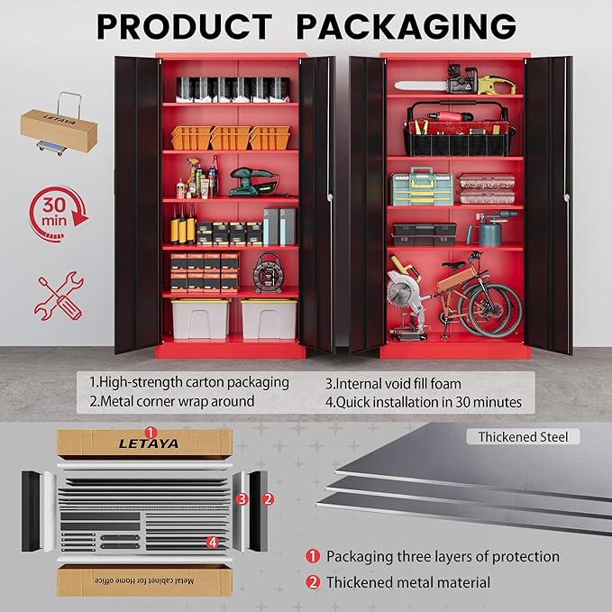 Letaya Metal Storage Cabinets with Lock, 71" Tall Locker Organizer Steel Cabinets, Adjustable Shelves 2 Doors for Home, Office, Warehouse,Garage,Industrial,Employee Lockers (Style B, Black Red)