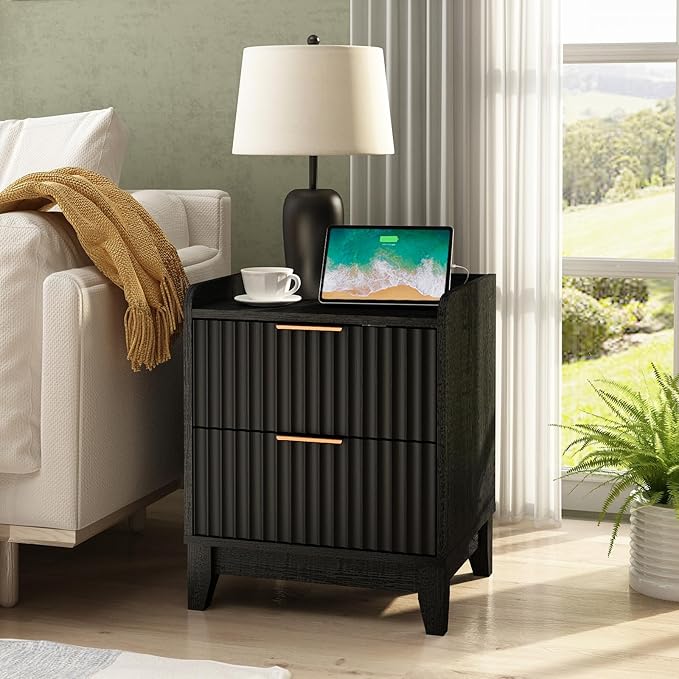 Wnutrees Fluted Nightstand with Charging Station, Modern Bedside Table with 2 Drawers, Farmhouse Wooden End Side Table Living Room, Black