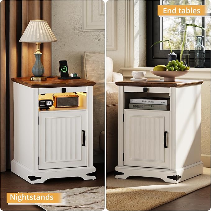 IRONCK Farmhouse Nightstand with Charging Station and LED Light, Wood Side Table with Storage Cabinet & Open Shelf,Bedside Table with Pull-Out Shelf for Bedroom, White