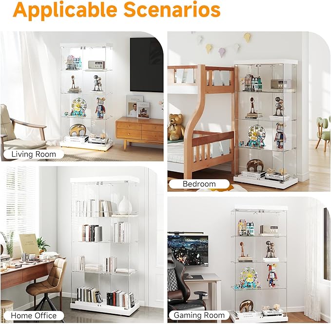 Tempered Glass Display Cabinet with Lights, 4-Tier Curio Cabinet with Glass Doors Wheels Two Locks, Glass Display Case for Collectibles for Living Room, Bedroom, Office, White, Double Door