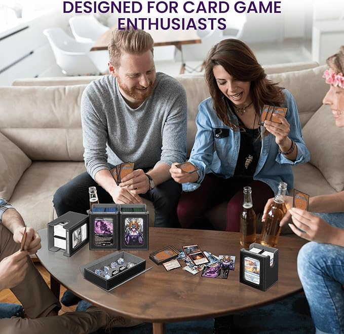 Trading Card Storage Box with Commander Display, Holds 400+ Double-Sleeved Cards, Multi-purpose Deck Box with Handle for MTG/TCG/Sports Cards, 4 Dividers, 1 Dice Tray, 4 Toploaders, Black Grey