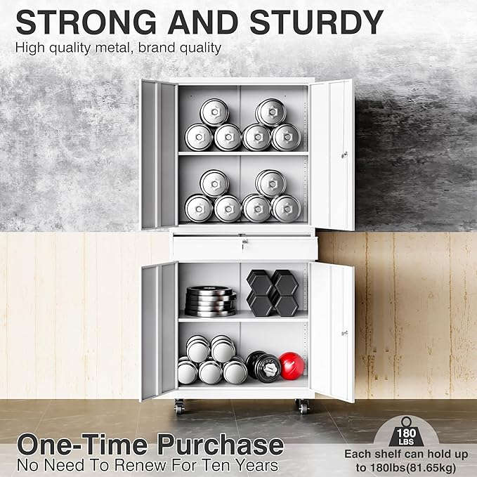 SISESOL White Metal Storage Cabinet with Wheels and Drawer,Rolling Garage Cabinet with Locking Doors and Adjustable Shelves,73" Mobile Tall Large Metal Cabinets for Home,Office,Garage,Shop