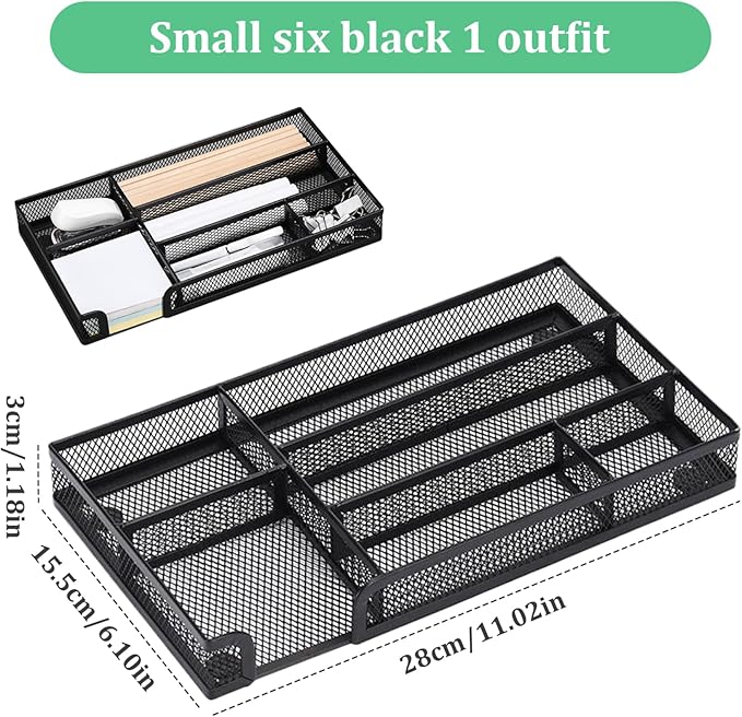Desk Drawer Organizer Tray 6 Compartment Mesh Organizers 11x6x1.4" Small Metal Pencil Organizer Pen Pencil Tray for Home Office School Supplies Desktop Desk, Drawer org