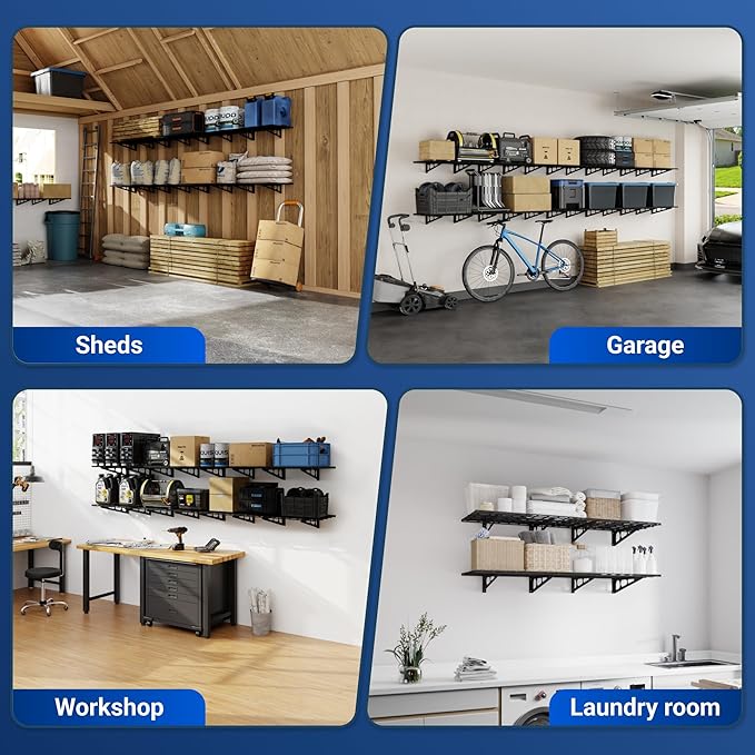 FLEXIMOUNTS 4-Pack 2x4ft 24-inch-by-48-inch Wall Shelf Garage Storage Rack Wall Mounted Floating Shelves, Total 1200lbs Capacity, Black, Classic Series