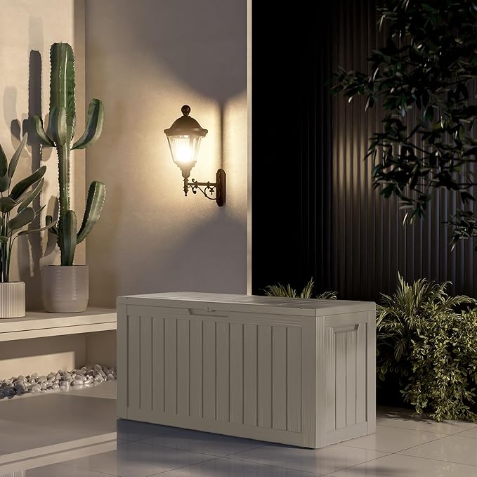 90 Gallon Deck Box,Resin Outdoor Storage Box with Lockable for Patio Furniture, Pool Accessories, Garden Tools Waterproof Outside Storage Box, Grey