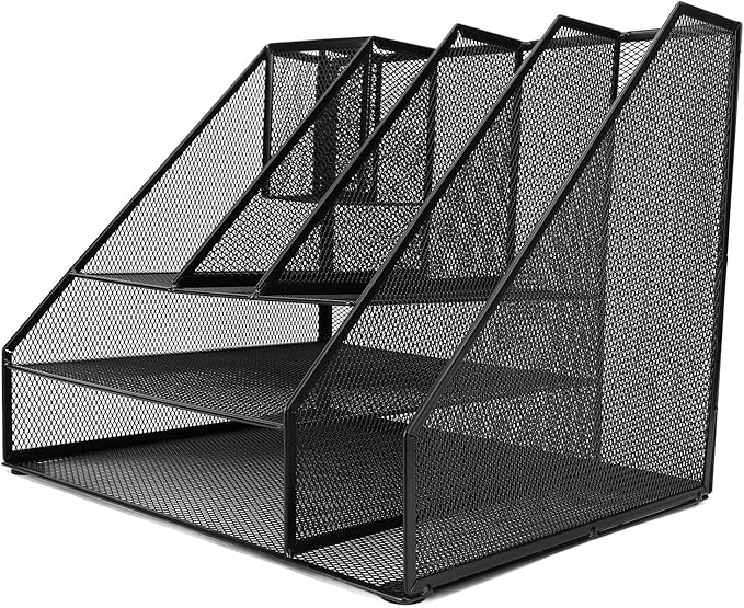 Hyuduo Office Desk Organizer, Black Iron Mesh 3 Tier Paper Letter Tray with 2 Pen Holders and File Rack Metal Structure for Office and Home Desk Organization