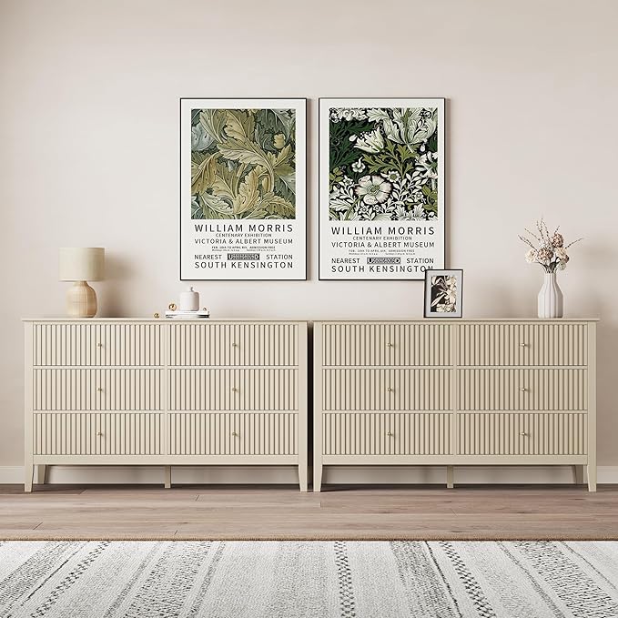 RoyalCraft Beige 6 Drawer Dresser, Fluted Modern Wood Chest of Drawers, Long Dresser for Bedroom TV Stand Storage Cabinet for Living Room