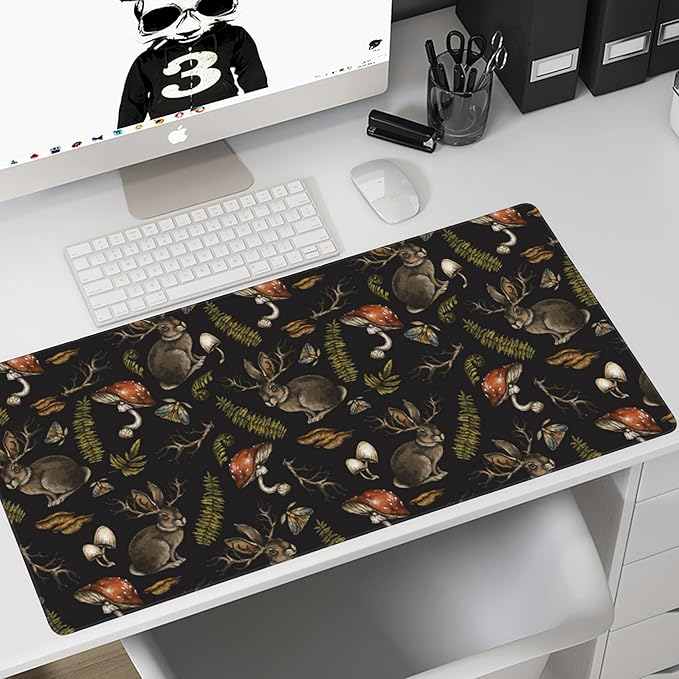 Desk Mat,Mystical Hare with Mushroom Gaming Mouse Pad,XXL Extended Mouse Pad Mat for Office,Computer,Keyboard with Non-Slip Base Stitched Eges Mousepad 35.4x15.75 inch