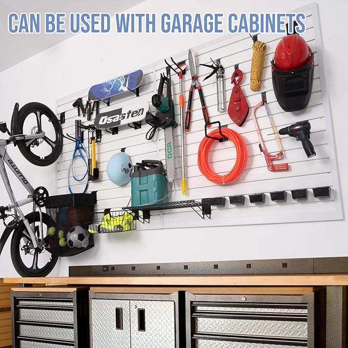 Slatwall Panels 4'x 4' Garage Slat Wall Storage Systems, Slat Wall Paneling Garage Wall Organizer, White Slat Board PVC Wall Panels Slatwall Displays Garage Tool Organizer Wall Mount Ladder Bike Rack