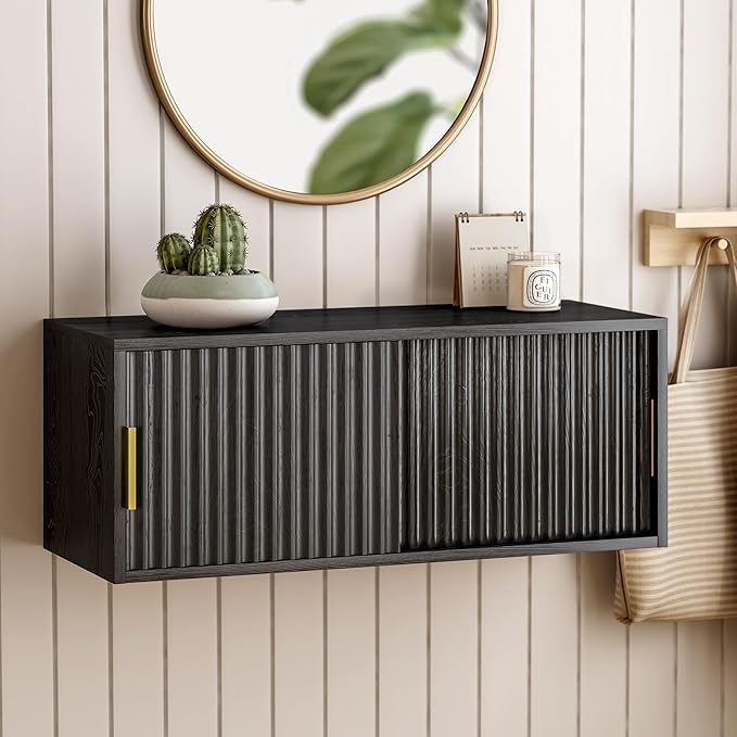 Large Floating TV Stands Set of 2, Modern Fluted Nightstands Wall Mounted Bedside Table Storage Cabinet with Sliding Doors for Living Room, Bedroom Black