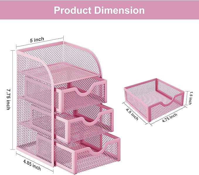 EasyPAG Mesh Desk Organizer with 3 Drawer Office Desktop Organizers and Accessories Stationery Caddy for Office, Home, Students, Pink