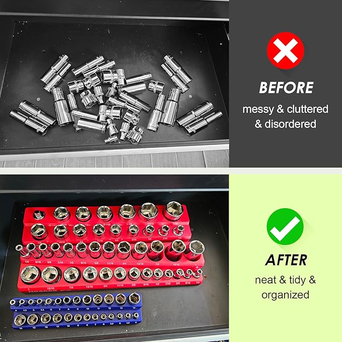 Magnetic Socket Organizer Set, 6 Pcs Red SAE and Blue Metric Socket Tray Set for 1/4", 3/8" & 1/2" Sizes Drive, Socket Holder Holds 143 Sockets for Tool Box