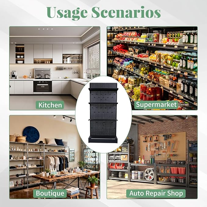 Pegboard Display Stand, Retail Shelving Wall Display with Extra 30 Pieces Hooks, Standing Peg Board Display with 4 pcs Single Side Board Panels, for Supermarket, Grocery Stores, Black