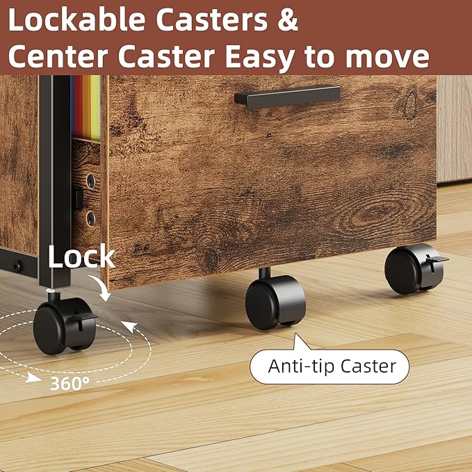 GYIIYUO 2 Wood Drawer Lockable File Cabinet with 22'' Extended Desktop, Mobile Filing Cabinet with Side Bag, Rolling Printer Stand, Fits A4&Letter Size, Home Office, Rustic Brown