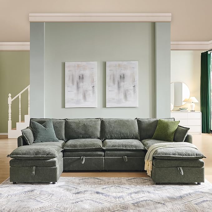 116.54" Sectional Couches for Living Room, Cloud Couch Sectional with Large Storage, U-Shape Modular Sectional Sofa with Ottoman,6 Seater Chenille Sofa with Pillow for Apartment, Bedroom, Green