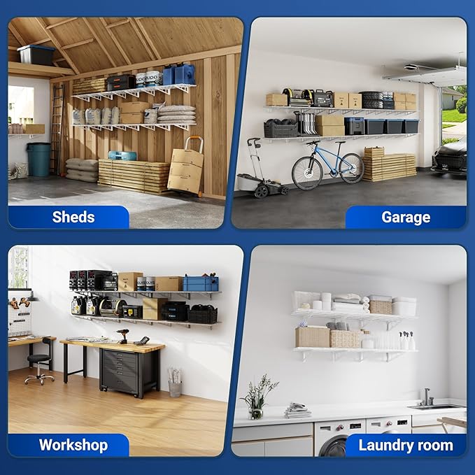 FLEXIMOUNTS 4-Pack 2x4ft 24-inch-by-48-inch Wall Shelf Garage Storage Rack Wall Mounted Floating Shelves, Total 1200lbs Capacity, White, Classic Series