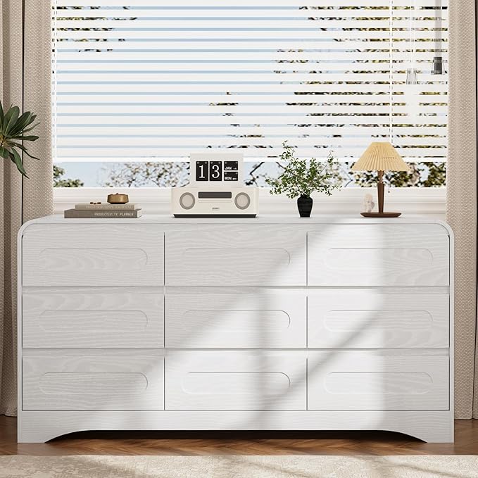 Dresser for Bedroom with 9 Drawers, 63" Large Modern Dressers & Chest of Drawers with Curved Profile Design, Wood Closet Clothes Storage Long Dressers Organizer for Bedroom Living Room Hallway, White