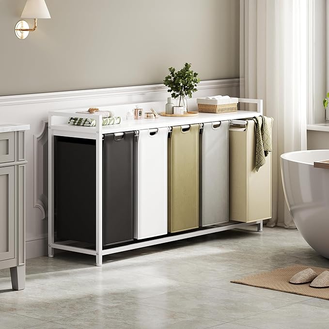 Laundry Hamper with Shelf, Laundry Basket 5 Section, Laundry Sorter with Pull-Out Removable Large 5 Color Bags and Movable Wheels, Metal Frame, 5 x 15.87 Gallons (60L), White PF08XLE