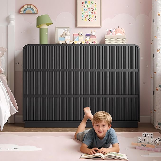 Dresser for Bedroom with 6 Drawers, Fluted Chest of Drawers with Round Curved Corner, Hidden Handles, Modern Wood Storage Organizer for Bedroom, Nursery, Living Room